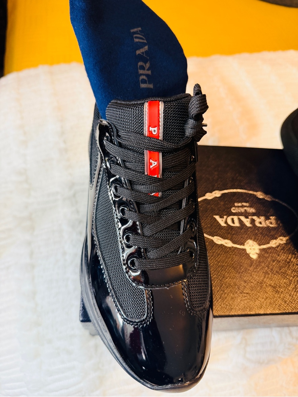 Prada Men’s Black Sneakers with Red Heel Accents - Picture 5 of 11